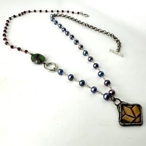 Vintage Brass Diamond Shaped Pendant Necklace, Asymmetrical Blue Pearl and Garne